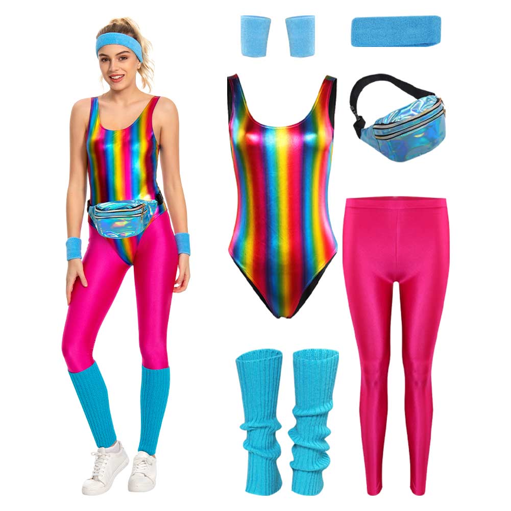 6Pcs/Set Women Retro 80s 90s Legging Cosplay Costume Women Sportwear  Jumpsuit Headband Outfits Halloween Carnival Party Clothes