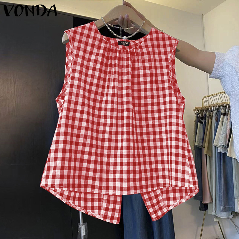 VONDA Women's Girly Style Sleeveless Grid Printed Vests Split Back A-Line Summer Tank (Korean Floral) ราคา 144 บาท*ส่งฟรี