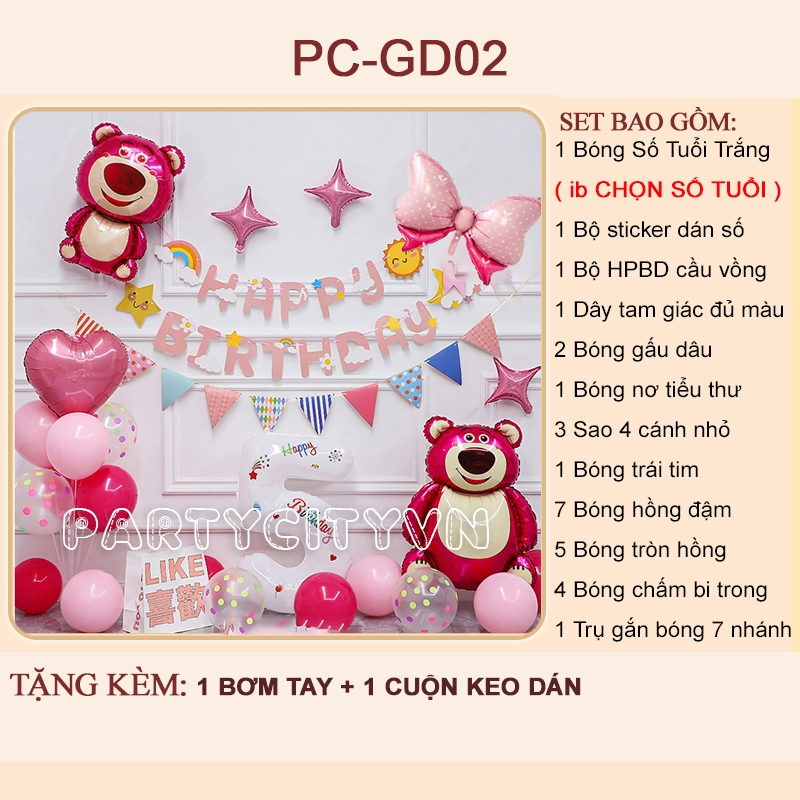 Set Trang Trí Sinh Nhật bé gái chủ đề Gấu dâu - Tổng hợp các set bóng sinh nhật gấu hồng lotso cho b
