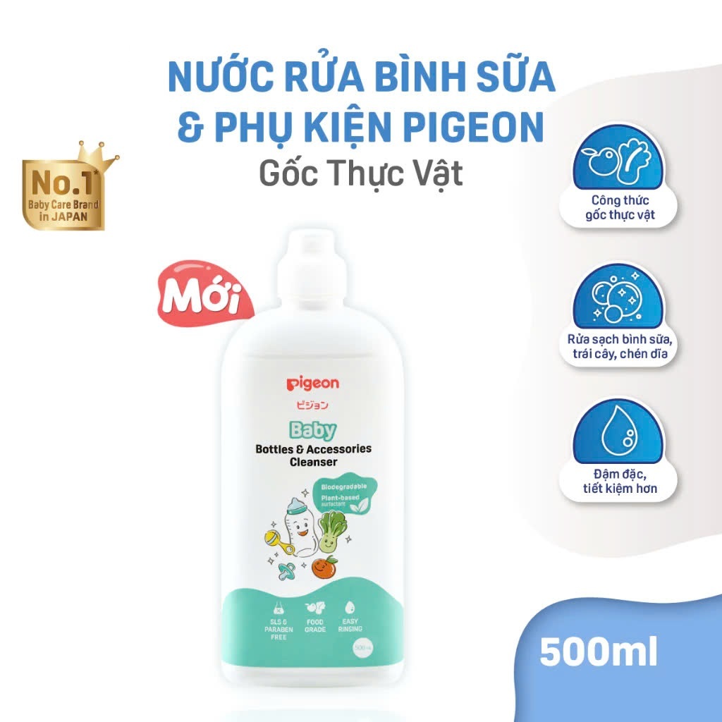 Nước Rửa Bình Sữa Núm Vú Và Phụ Kiện Pigeon cho bé Gốc Thực Vật 500ml 450ml