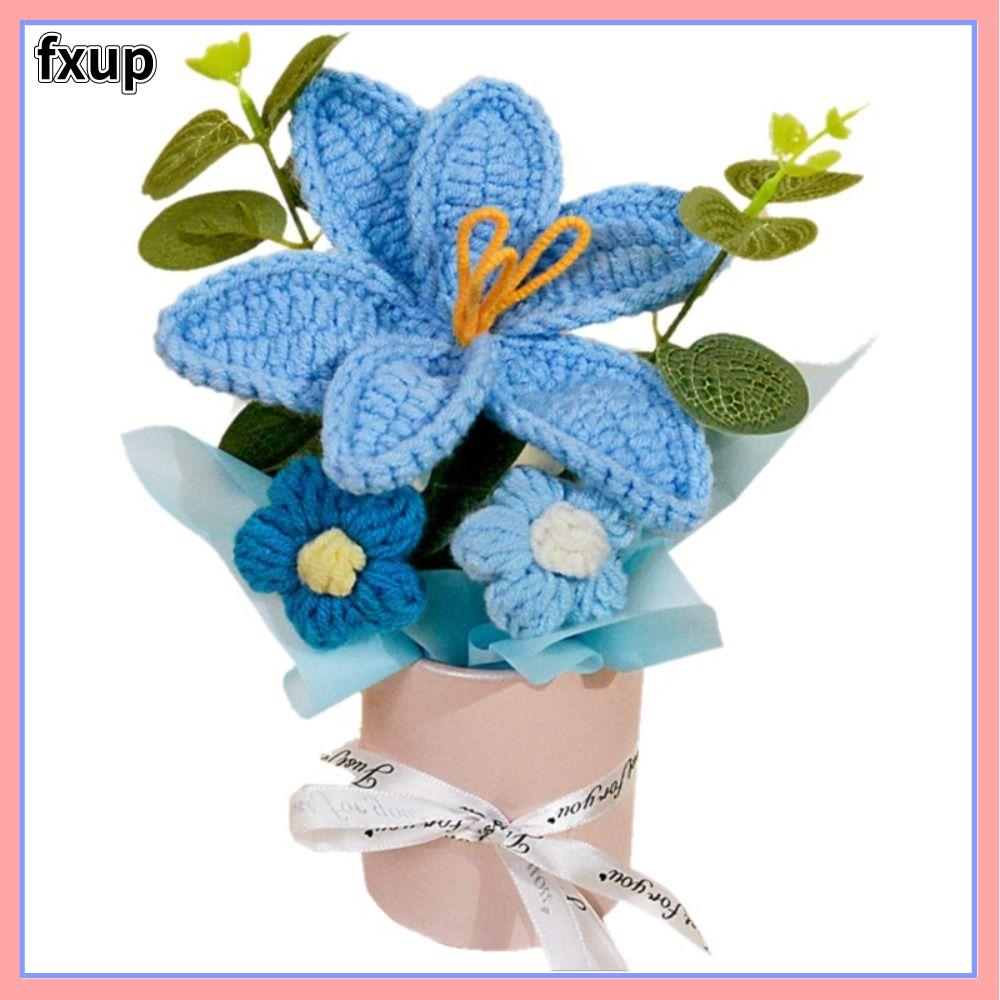 FXUP Xô ôm Bó hoa móc thủ công Độc đáo Được làm thủ công Bó hoa tulip đan bằng len Đồ trang trí Hoa Tulip dệt Trang trí bàn làm việc Quà tặng