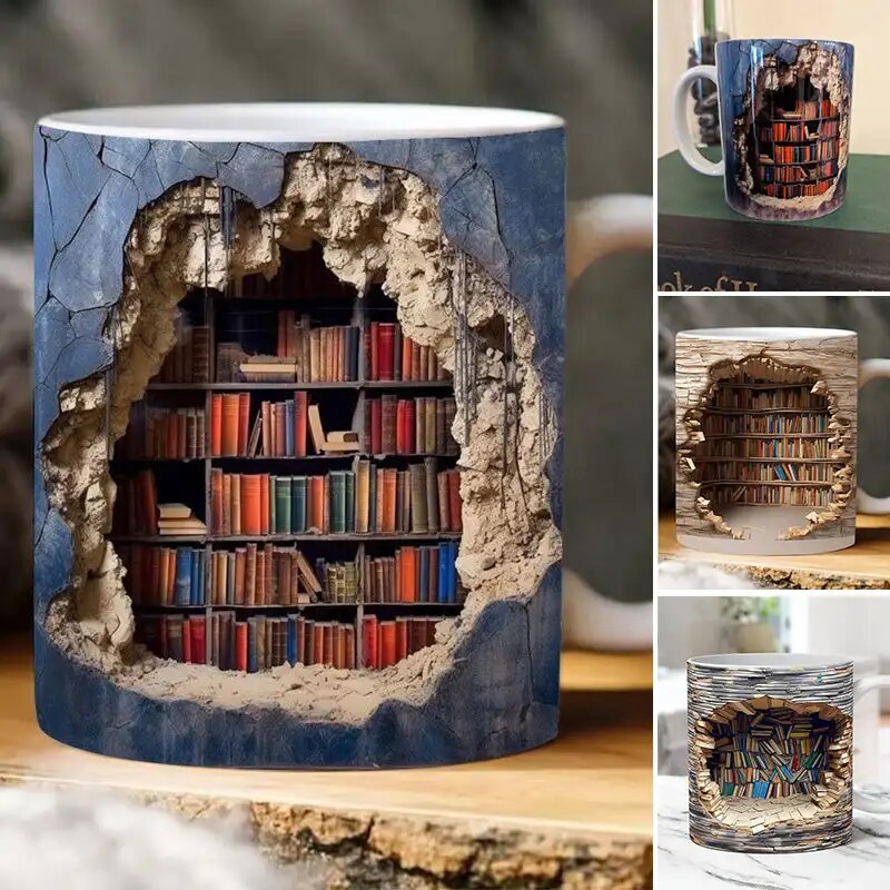 Creative 3D Bookshelves Hole In A Wall Mug Layer Personalized Mug Coffee Cup Tea Cup Christmas Gifts