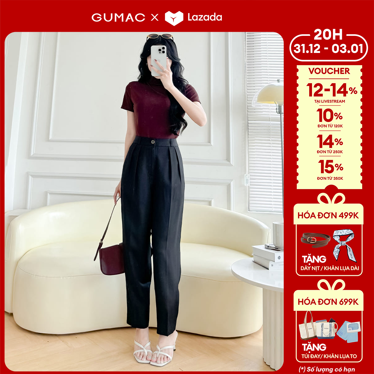   1.1 - 3.1| Voucher 10-15%  Quần tây nữ baggy 2 ly đính nút kiểu vải bố công sở thanh lịch thời trang GUMAC QF06003 