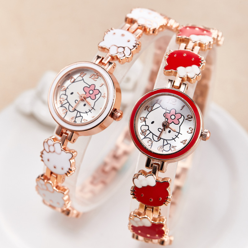 Thời trang mới KT mèo trẻ em Đồng hồ bé gái dễ thương Dây đeo thép phụ nữ Đồng hồ vòng đeo tay đồng hồ Quartz điện tử nữ