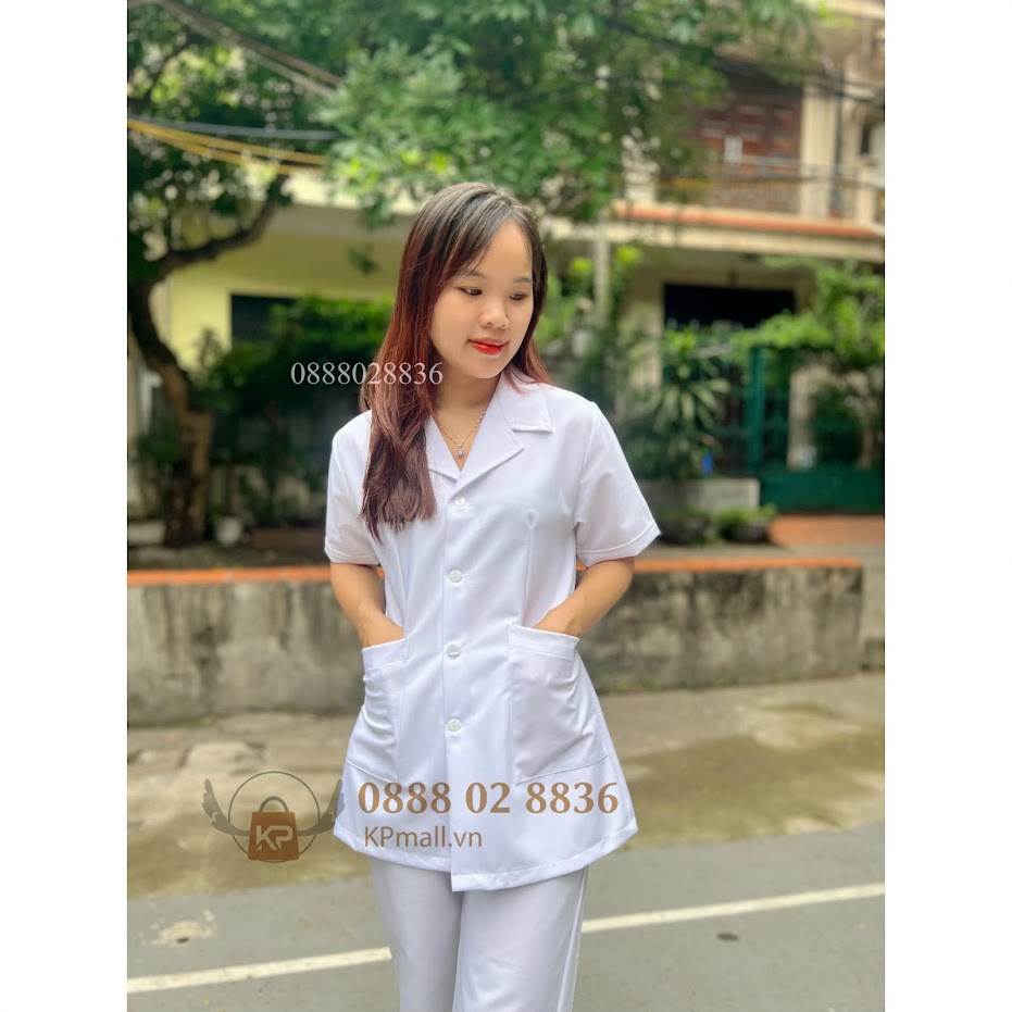Áo blouse trắng trơn điều dưỡng Cộc Tay Cotton Cao Cấp - Đồng phục blouse trắng dược sĩ, y sỹ, phòng khám