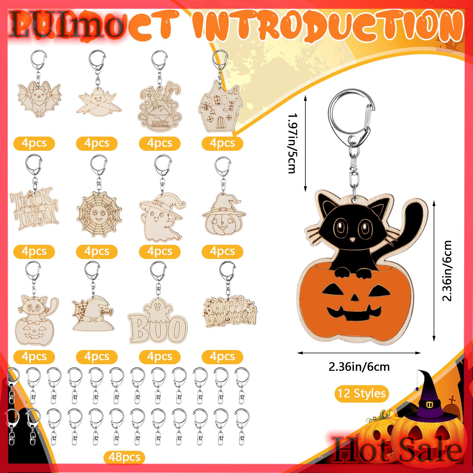 LUImo Hot sale 48ชิ้นสีงานฝีมือฮาโลวีนพวงกุญแจของคุณเองชิ้นไม้ที่ยังไม่เสร็จพวงกุญแจของขวัญเปล่า DIY พวงกุญแจสำหรับบ้านโรงเรียน ราคา 250 บาท*ส่งฟรี
