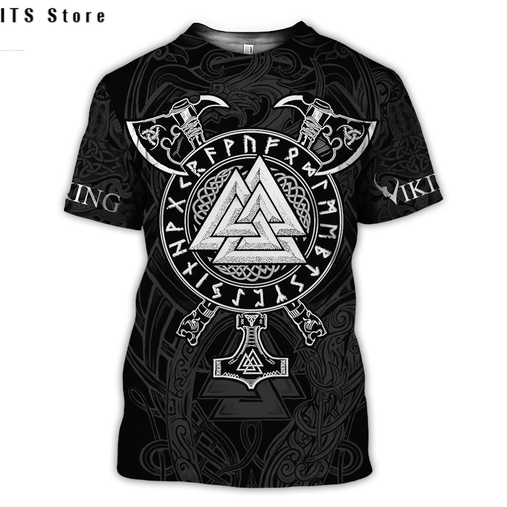 European and American large size Viking printed men's T-shirt 3dt-shirt digital printed Viking tattoo short sleeves