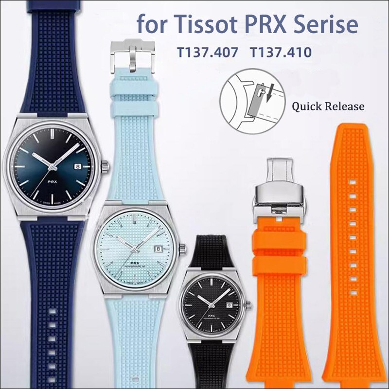 Dây đeo cao su cho Tissot PRX POWERMATIC t137.407/410 khóa thép không gỉ phát hành nhanh chóng silicon dùng cho nam thay thế dây đồng hồ 12 mét