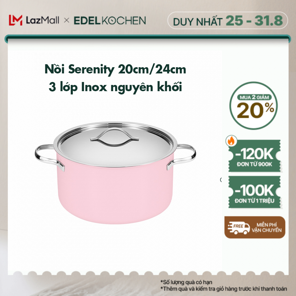 Nồi inox 3 lớp nguyên khối Edelkochen Serenity Collection size 20,24cm – Màu Edel Pink
