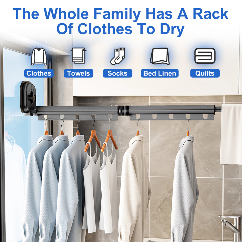 360° Rotating Wall Mounted Clothes, Retractable Clothes Drying Rack With Suction Cup, No-Drill Airer Balcony Clothes Hanger Aluminium Alloy Folds For Balcony, Laundry, Bathroom(Black-3 Folds) ราคา  699 บาท*ส่งฟรี