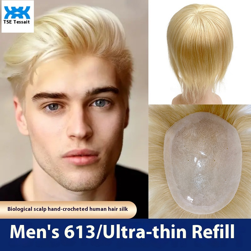 ผลิตภัณฑ์ความงามและการดูแลผิว TSE วิกผมผู้ชาย 613 # บล็อก PU Biological Scalp Replacement Patch ผมจริงหน้าผากเส้นผม Light Gold XYUAN-PU/613