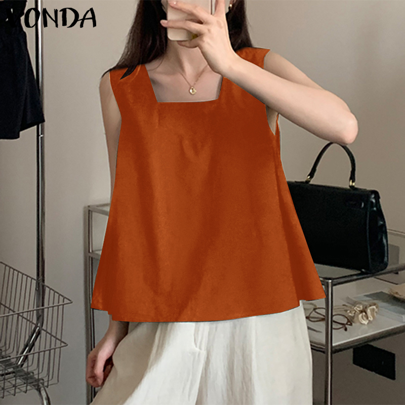 VONDA Womens Holiday Girly Style Square Collar Sleeveless A-Line Loose Solid Camisoles Tanks Plus Size (Korean Floral)