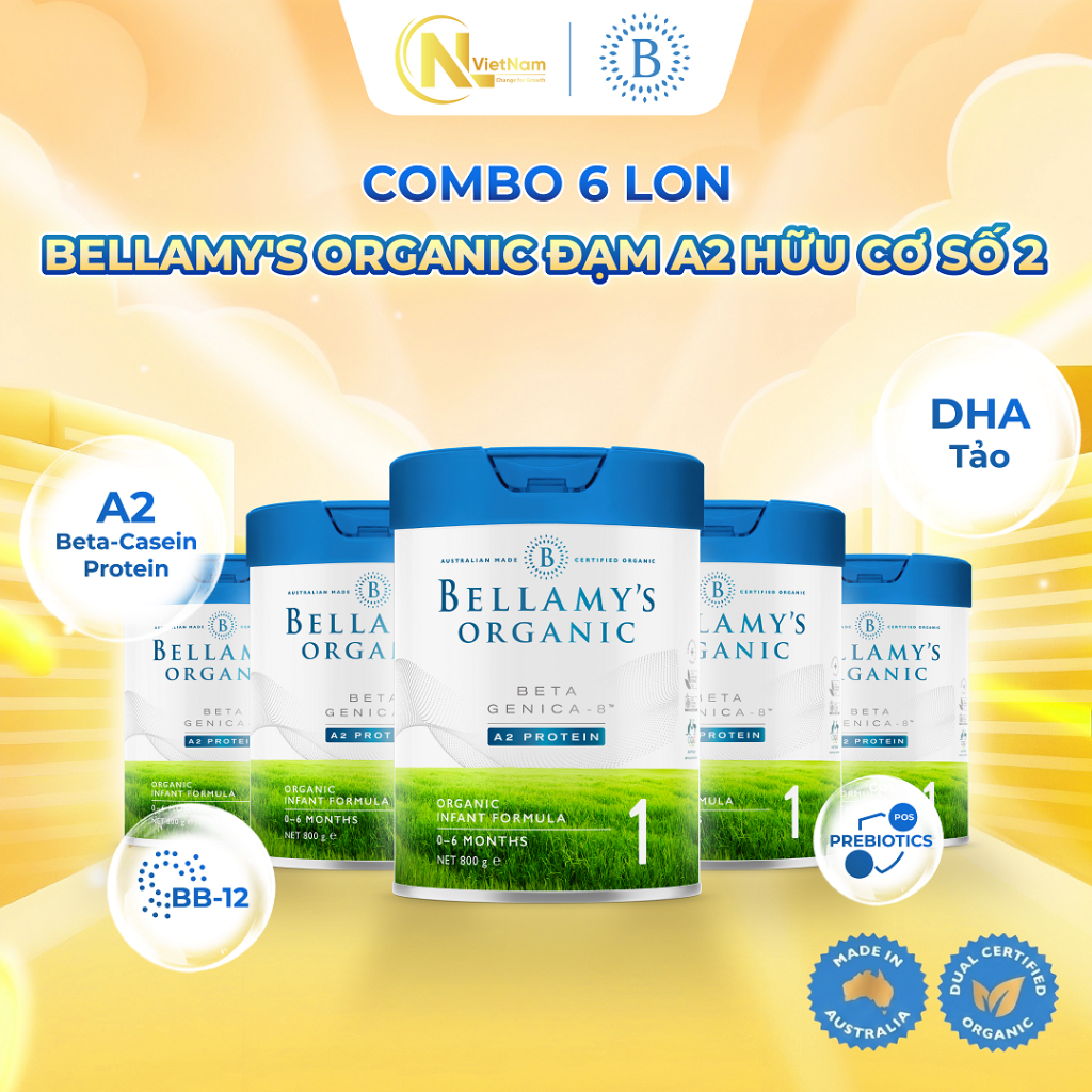(Kèm quà) Combo 6 lon Sữa Hữu Cơ Bellamy's Organic A2 Số 1 800g