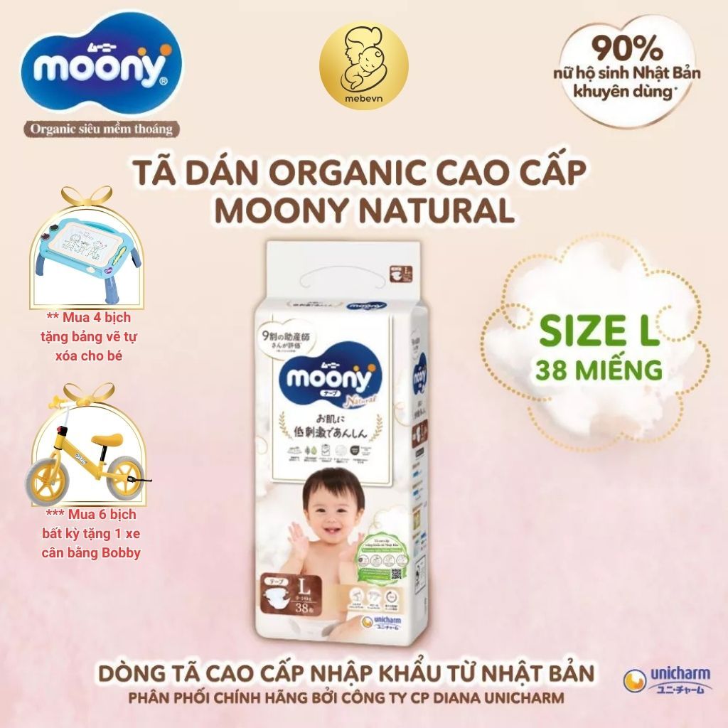 Bịch 2 miếng trải nghiệm bỉm tã moony trắng bỉm moony natural chính hãng Dán/Quần đủ size