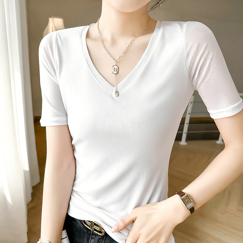 Xiu12023 Phụ Nữ Của Mùa Hè Hàn Quốc Lụa Pháp Sexy V Cổ Ngắn Tay Áo Mỏng Phù Hợp Thoải Mái Hàng Đầu Vòng Cổ Đa Năng Mỏng T-shirtc11-58