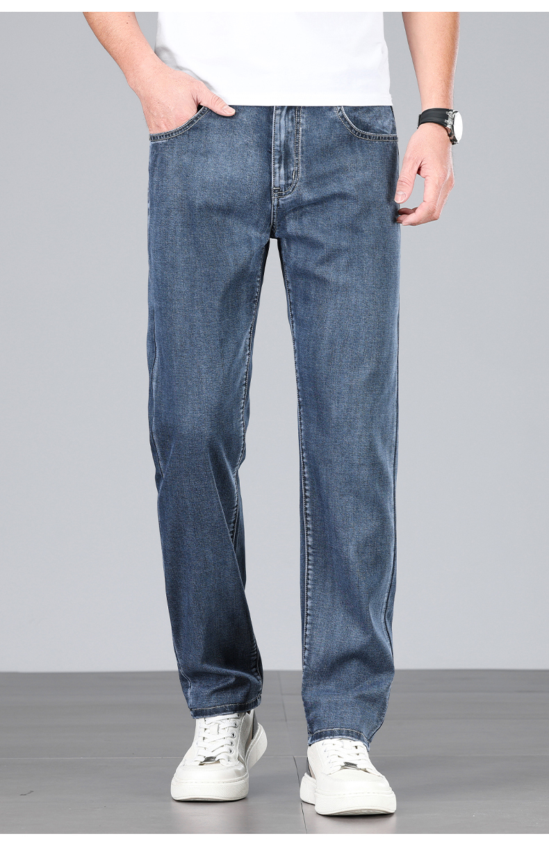 Summer Men's Baggy Jeans Blue UltraThin Classic Soft Breathable Business Casual Straight-leg Stretch Denim Trousers Male