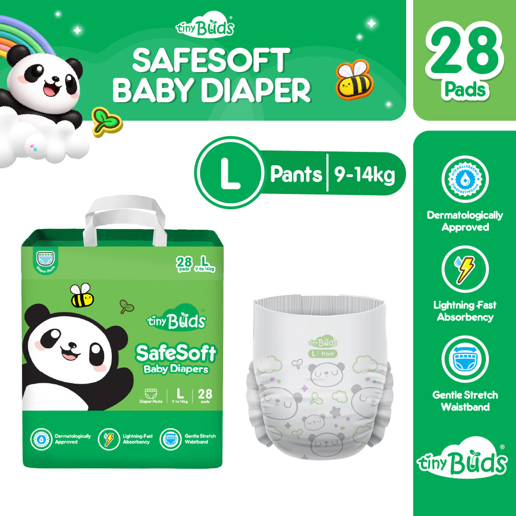 Tiny Buds Baby SafeSoft Pants Diaper Large L 9–14kg (28pcs) | Hypoallergenic Double Leak Guard