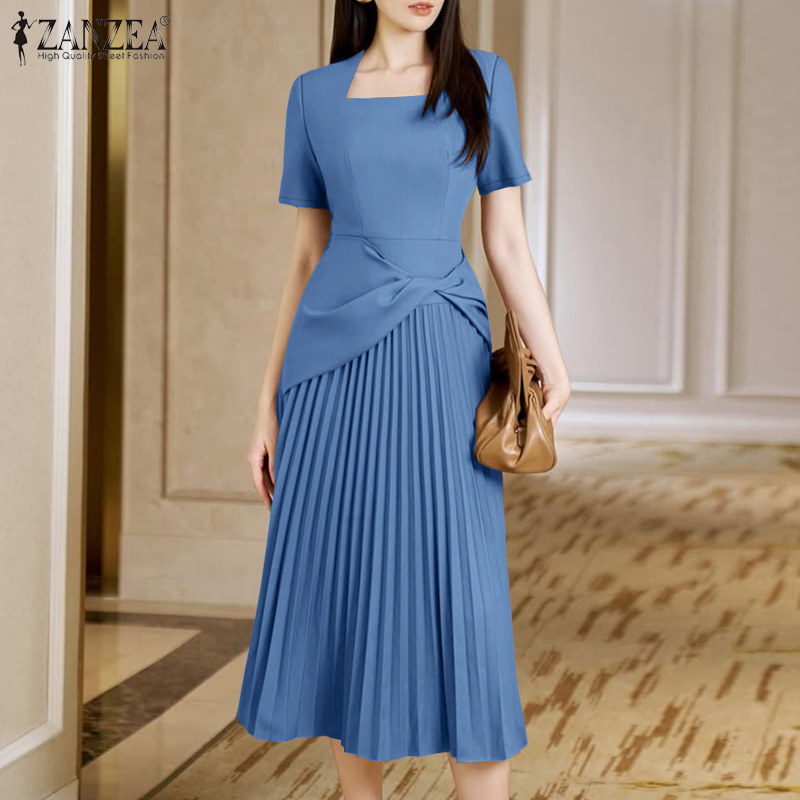 Zanzea phong cách Hàn Quốc thời trang nữ thắt nút váy Đầm cổ vuông midi ngắn tay đồng bằng sundress #0526