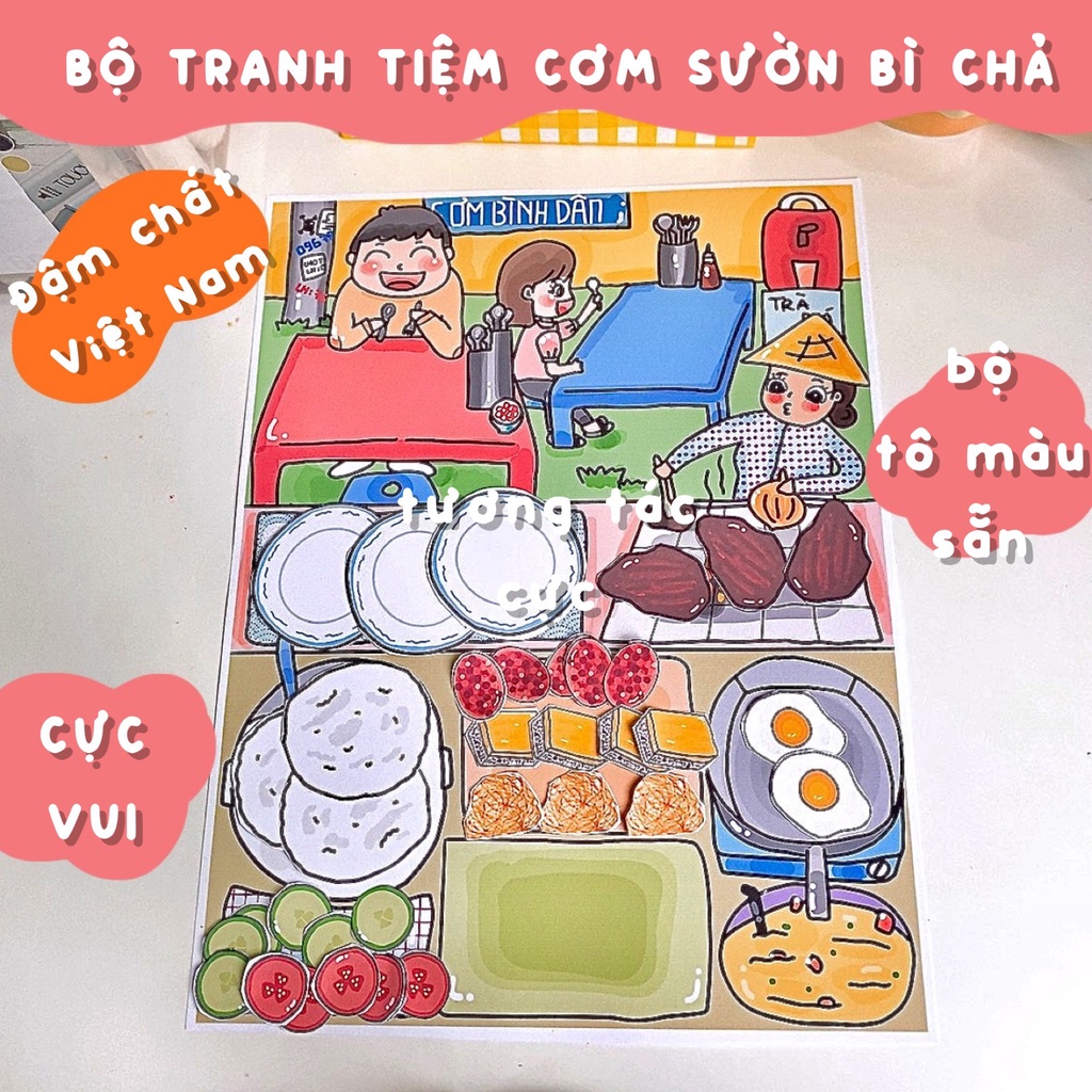 Bộ Tranh Đồ Chơi Giấy Cô Tiên Xanh Tiệm Cơm Sườn Bì Chả