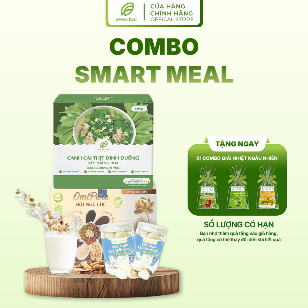 Combo Smart Meal Bữa Ăn Tiện Lợi Eherbal Sữa Omipure + Canh Ăn Liền + Sữa Chua Hạt Sấy Thăng Hoa