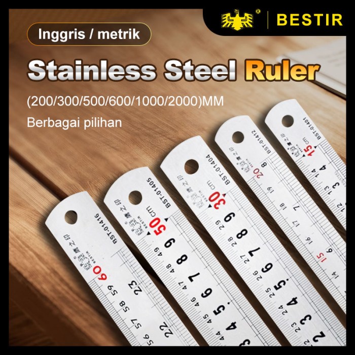 Penggaris Besi 200/300/500/600/1000/1500/2000mm Metal Stainless Steel Ruler Mistar Tools Metric Imperial