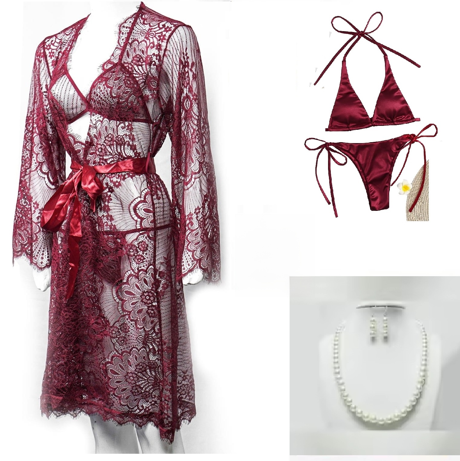 Pack of 04 - High Qaulity Lace Net See Through Bridal Nighty Set Pratiharye Valentine Special! Babydoll Nightwear Net Robe/Chemise with Bikini Set | Hot & Saxy | for Honeymoon/First Night Anniversary for Women/Girls Best gift with Amazing Necklace set..,.