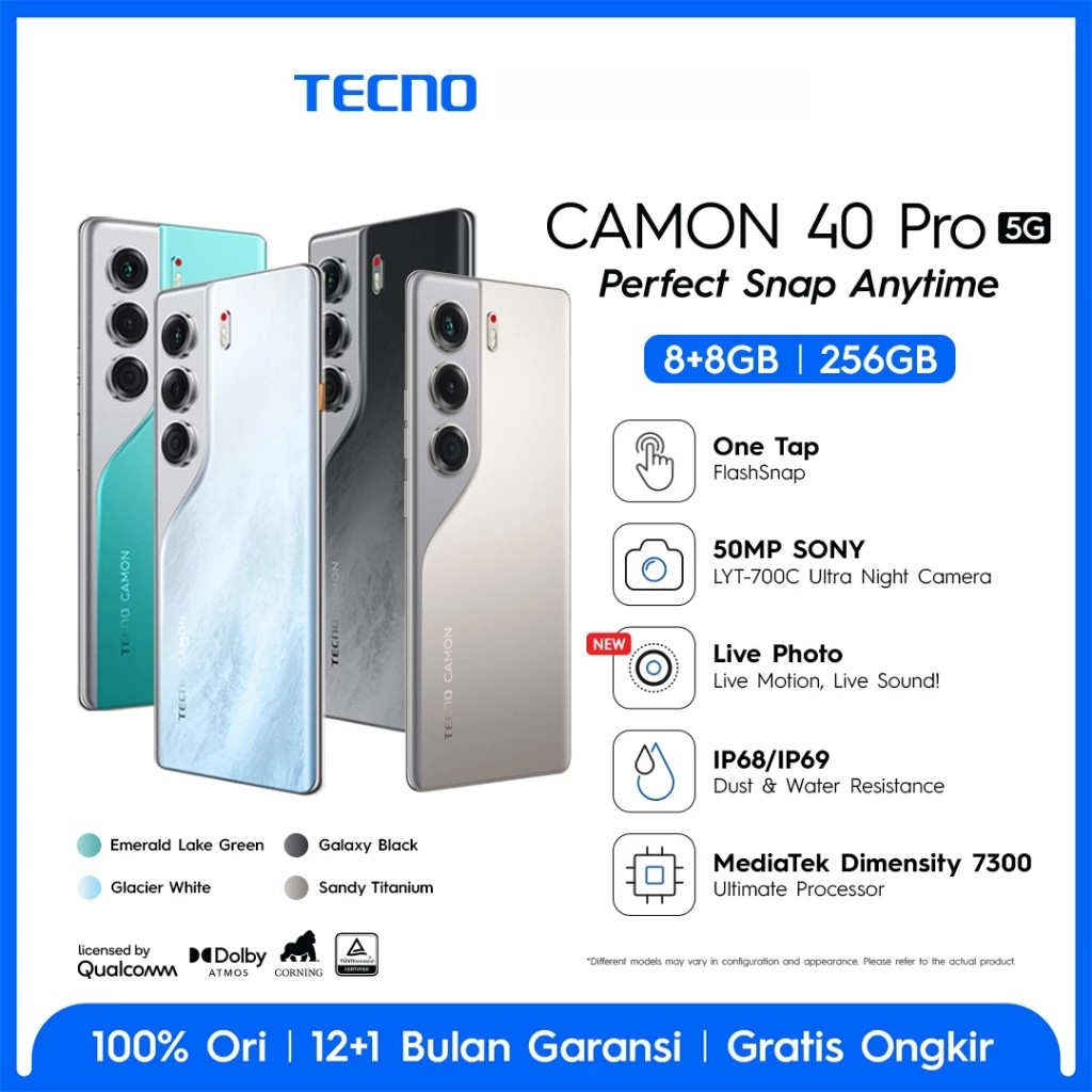 Tecno Camon 40 Pro 5g Nfc [8/256 Gb] [12/256 Gb] Official Warranty Harga 4,500,000 rupiah*Gratis Ongkir