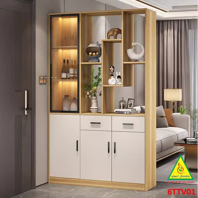 Tủ Trang Trí Phòng Khách Kết Hợp Vách Ngăn Gỗ MDF – Cánh Kính 6TTV01 ( không đèn) - NỘI THẤT LẮP RÁP VIENDONGADV