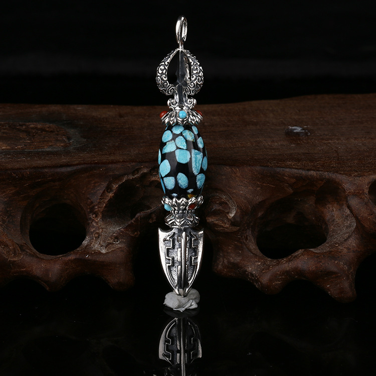 S925 Silver Tibetan Dzi Bead Pendant Necklace Unisex Turquoise (64*10.9)mm.11.5g New LZD