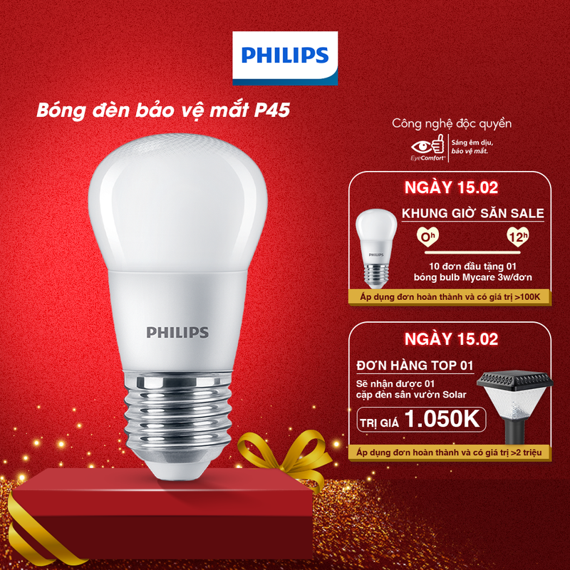 Bóng đèn LED Philips P45 MyCare 3W E27, Kích thước 55x50cm, Ánh sáng Vàng/Trắng