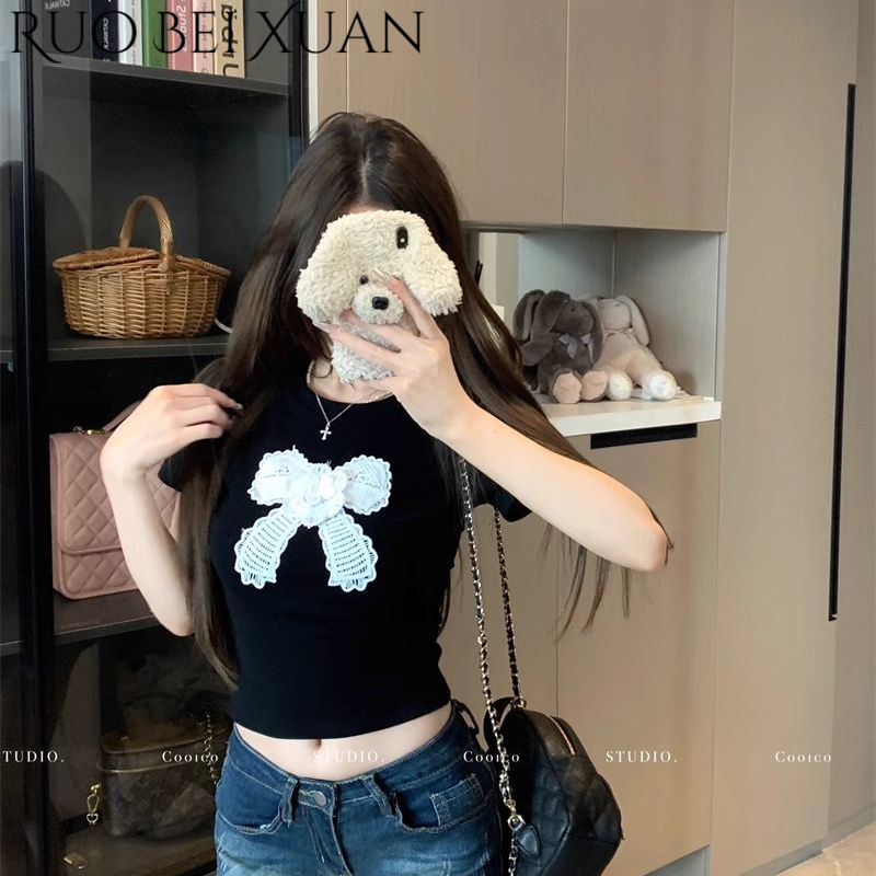 Ruo Bei Xuan Women's Bow Short-Sleeved T-shirt round Neck Shoulder Inner Wear Blouse ราคา 150 บาท*ส่งฟรี