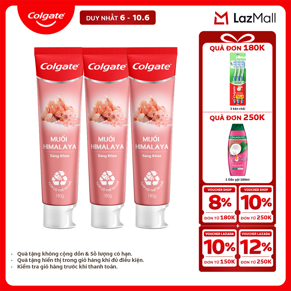 [Chỉ 6-10.6_X2 Voucher giảm 22%] Bộ 3 Kem đánh răng Colgate thiên nhiên muối Himalaya sáng khỏe 180g x3