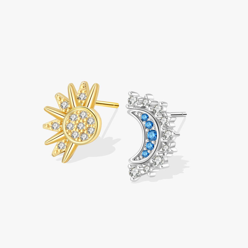 Asymmetric Sun And Moon Stud Earrings, Luxury Diamond-Embedded Star And Moon Earrings, Versatile Ear Ornaments