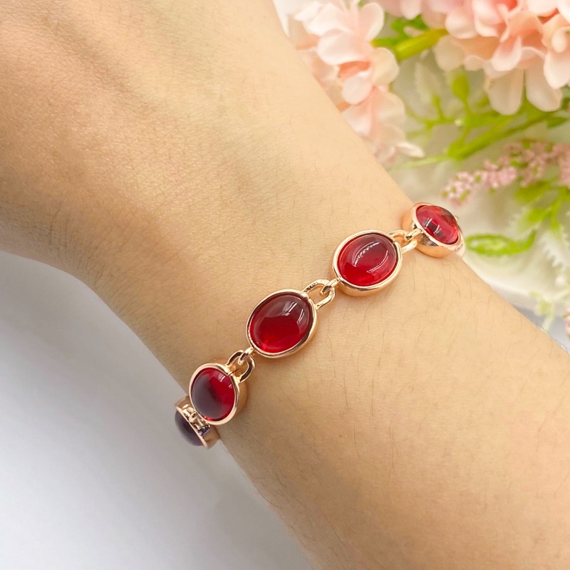 nirichstore Pink gold bracelet, cute, decorated with red gems, length 18cm, gold bracelet 0152 ราคา 649 บาท*ส่งฟรี