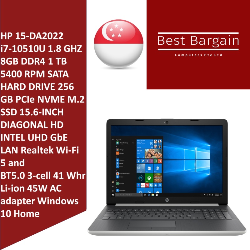 HP 15-DA2022 i7-10510U 1.8GHz 8GB DDR4 1 TB 5400 RPM SATA hard drive 256 GB PCIe NVMe M.2 SSD 15.6-inch diagonal HD,Intel UHD GbE LAN Realtek Wi-Fi 5 and BT5.0 3-cell 41 Whr Li-ion Windows 10 Home 15-DA2022CA