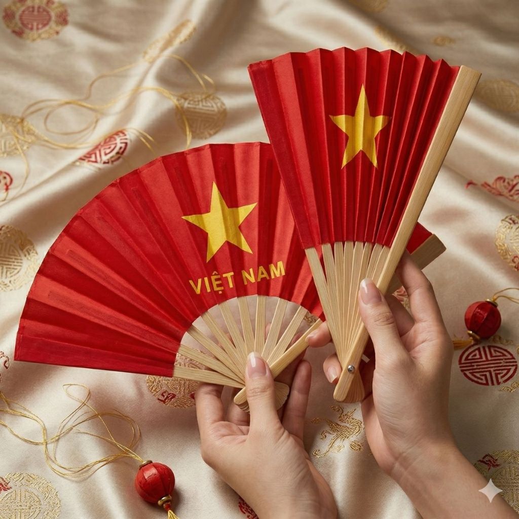 [2/9] Quạt Cờ Đỏ Sao Vàng Cán Gỗ 29cm Quạt Vải Lụa Dày Biểu Diễn Văn Nghệ Phụ Kiện Chụp Ảnh Áo Dài Diễu Hành Lễ 30/4