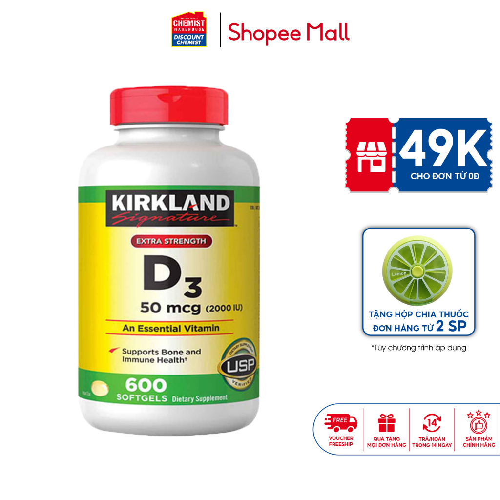Kirkland Signature Vitamin D3 2000IU 600 viên - Tăng hấp thụ Canxi Mỹ NTDT