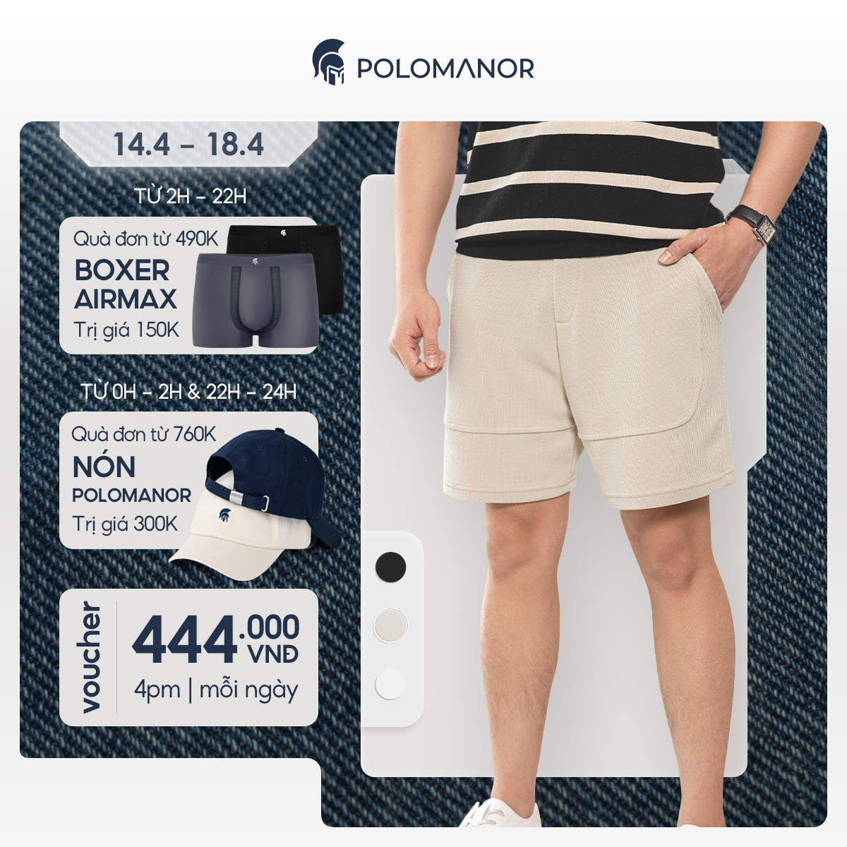 Quần short nỉ POLOMANOR, lưng đai thun, co giãn 2 chiều, chuẩn form