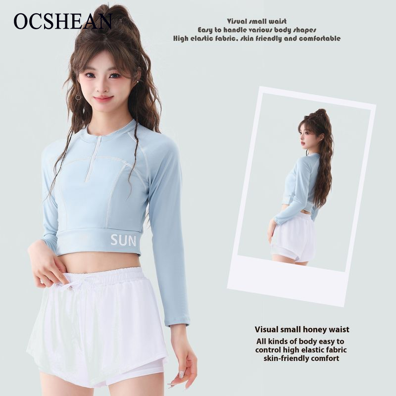 OCSHEAN ชุดว่ายน้ำแบบใหม่ผู้หญิงแยกชิ้นแขนยาวมุมแบนดูสูงชุดว่ายน้ำดูผอมแบบอนุรักษ์นิยมสำหรับนักเรียนชุดว่ายน้ำแช่น้ำพุร้อน ราคา 136 บาท*ส่งฟรี