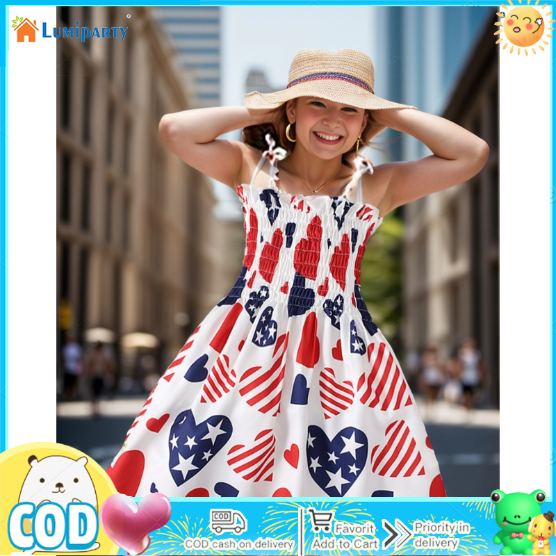 Toddler Girls America Flag Dress Square Neck Sleeveless Spaghetti Strap Dress Summer Casual Outfits ราคา 160 บาท*ส่งฟรี