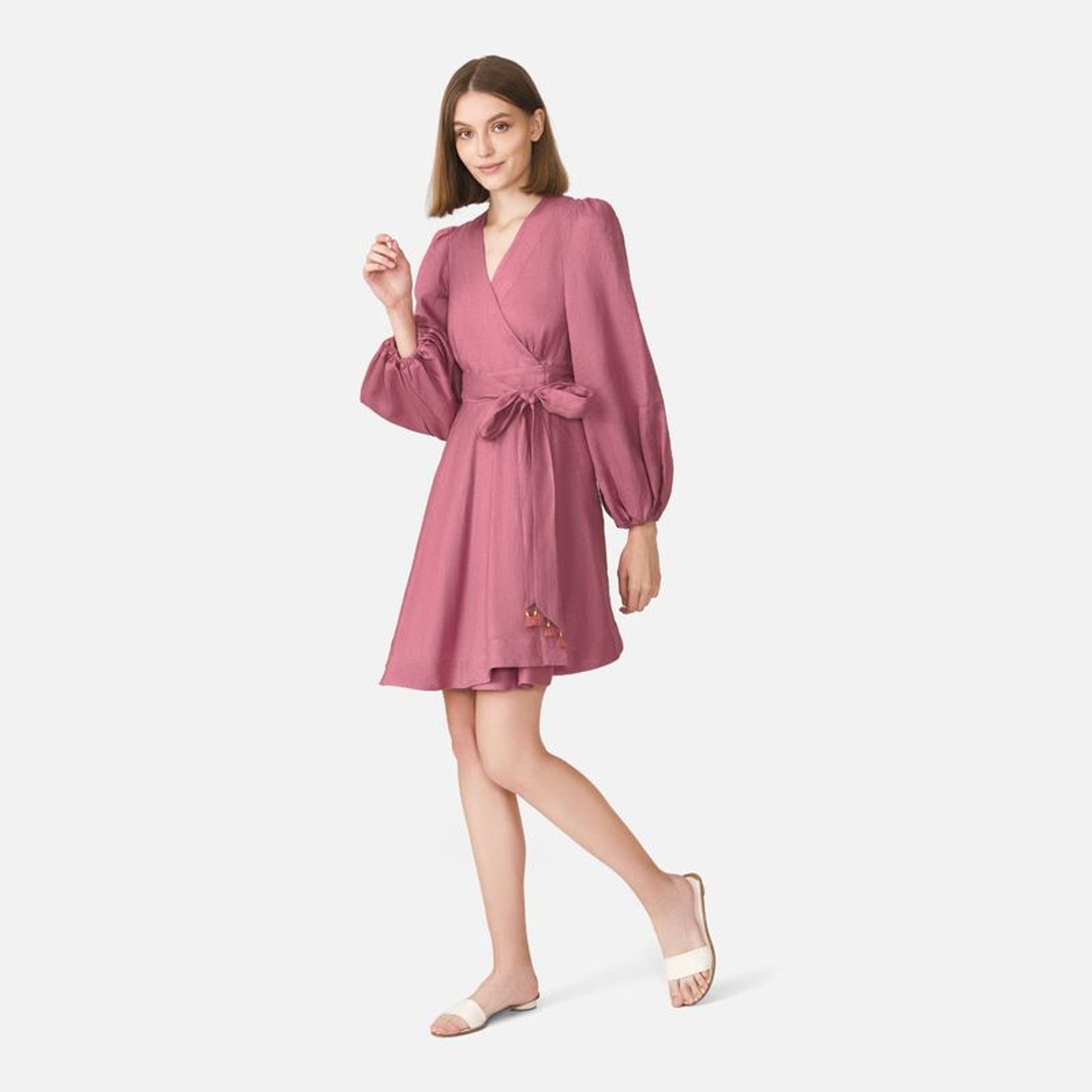 Linen Belted Wrap Midi Dress - Pink ราคา 1,950 บาท*ส่งฟรี