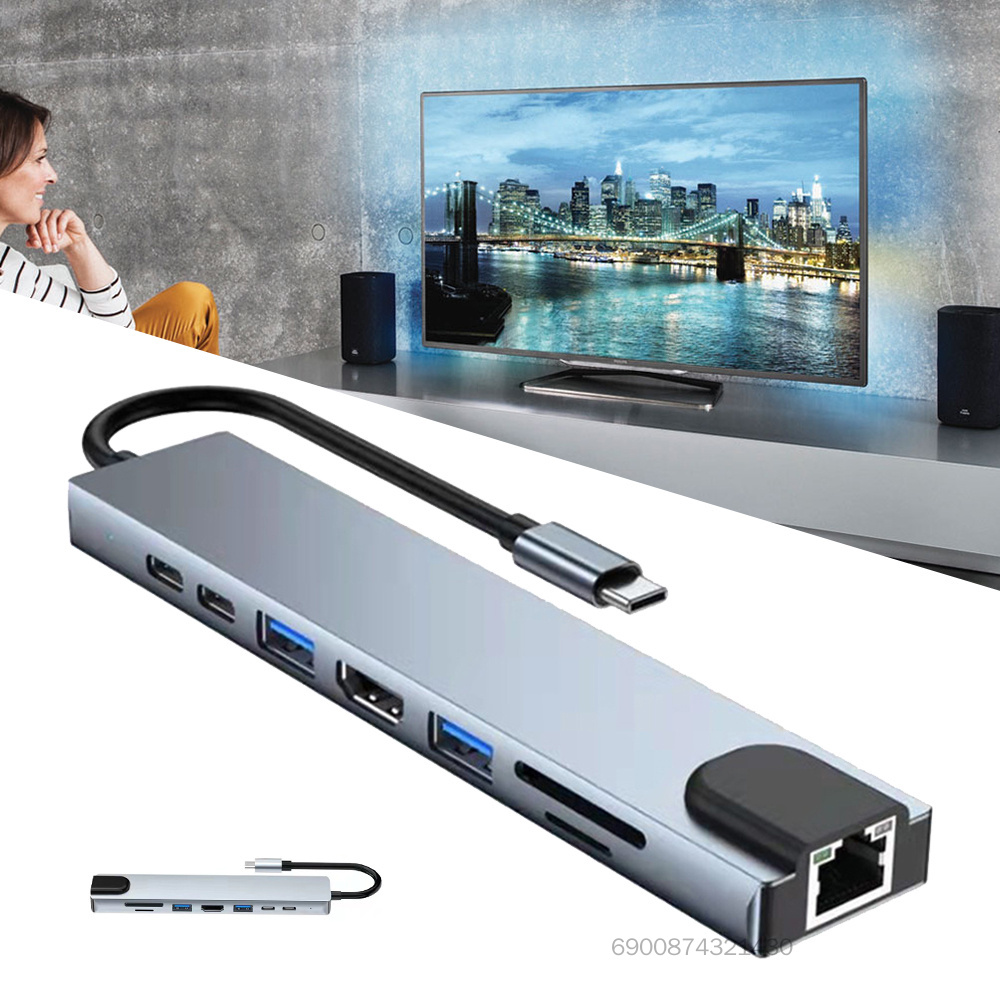 USB 3.0 Hub 8-In-1 Docking Station with 87W PD Ethernet Net Port HDMI-Compatible 4K for Home Office D4-VN