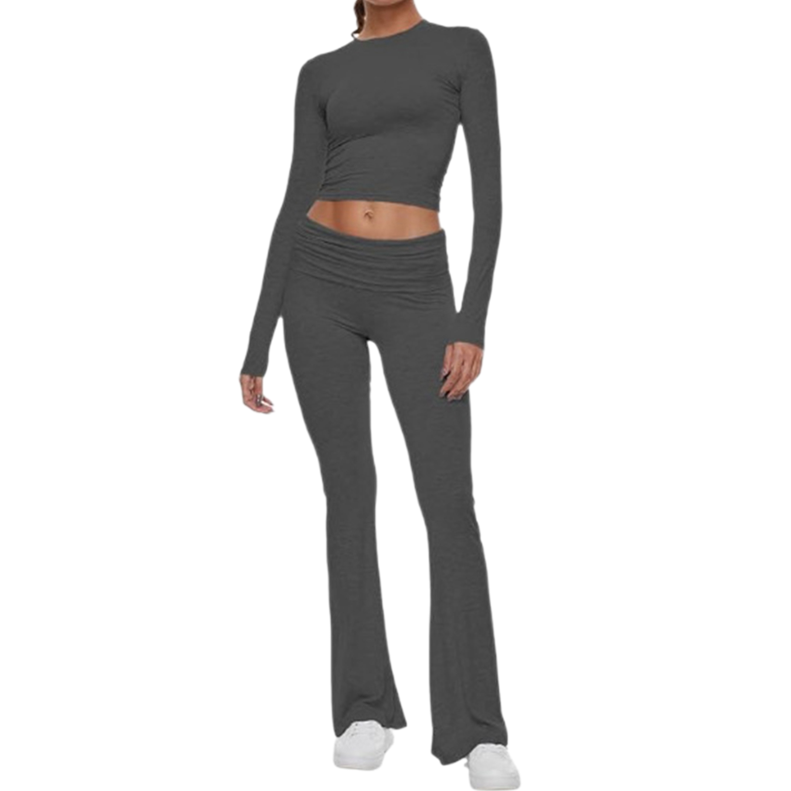 2 Pcs/Set Women Top Pants Suit Skinny High Waist O Neck Long Sleeves Pure Color Stretchy Soft Breathable Yoga Bell Bottoms T-shirt Set Spring Summer Sportwear Activewear