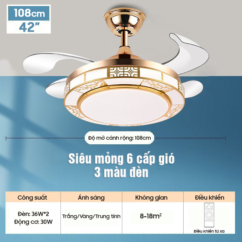Quạt Trần Đèn Giấu Cánh Chao Hoa Mai - Phong Cách Hiện Đại Kết Hợp Cổ Điển, Công Suất 40W, Điều Khiển Từ Xa, Bảo Hành Động Cơ 5 Năm