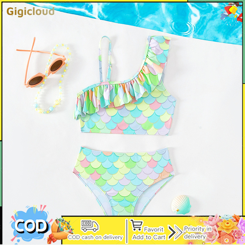 Girls Swimwear Two Pieces Swimsuit Ruffle One Shoulder Scale Printing Sleeveless Bathing Suit Infant Girl Bikini Swimsuit Set For Summer Beach ราคา 213 บาท*ส่งฟรี