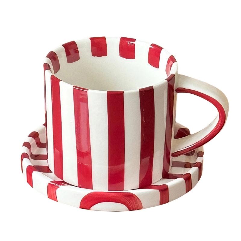 5Inch Striped Ceramic Coffee Mugs and Saucer Set Elegant Designs for Home Office Use - 2
