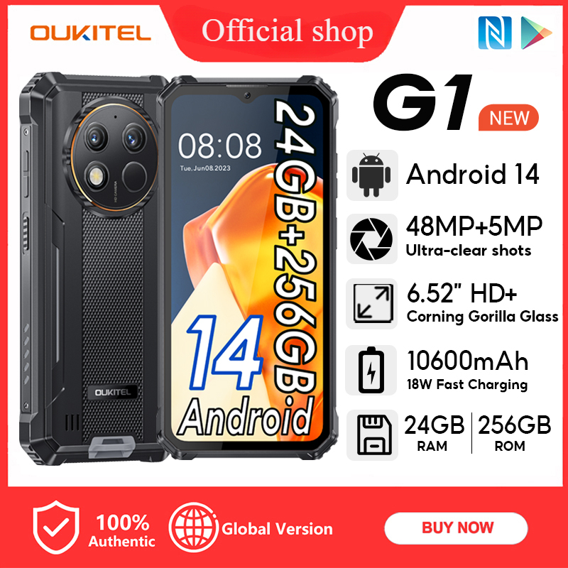 【Official shop】OUKITEL G1 Android 14 （6GB+18GB) +256GB 10600mAh 18W Fast charge Mobile 6.52inch HD+ 48MP+5MP+2MP IP68 IP69K Handphone ราคา 4,350 บาท*ส่งฟรี