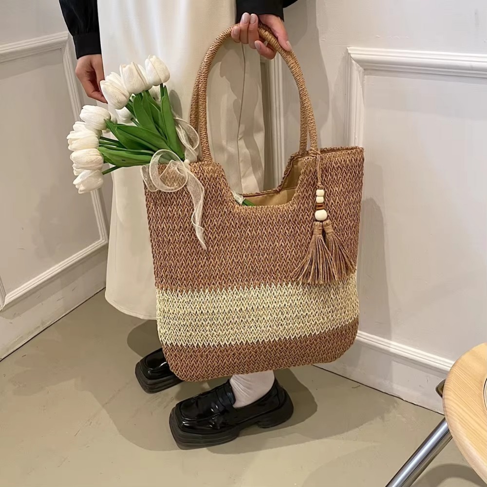 INOPERTABLESTORE68RE2 Sức chứa lớn Túi dệt rơm Có tua Túi dệt  phóng túng Thời trang Túi đi biển dệt Dành cho Nữ