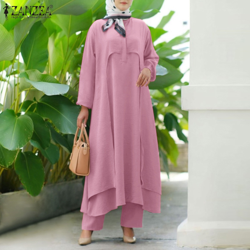 Zanzea Muslimah phụ nữ hồi giáo Loose đặt tay Áo Dài Tops Thắt lưng co giãn quần xuông phù hợp với