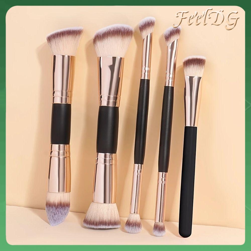 FEELDG 5PCS/Set Lông mềm Cọ nền Có góc cạnh/Tròn trịa Pha trộn vẻ đẹp Cọ trang điểm tạo khối Chuyên nghiệp Hai đầu Cọ phấn phủ Dụng cụ trang điểm